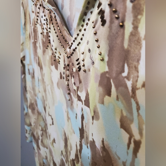 Tan, blue TanJay tunic top with beaded accents, some sequins missing, size 1X - Picture 2 of 5